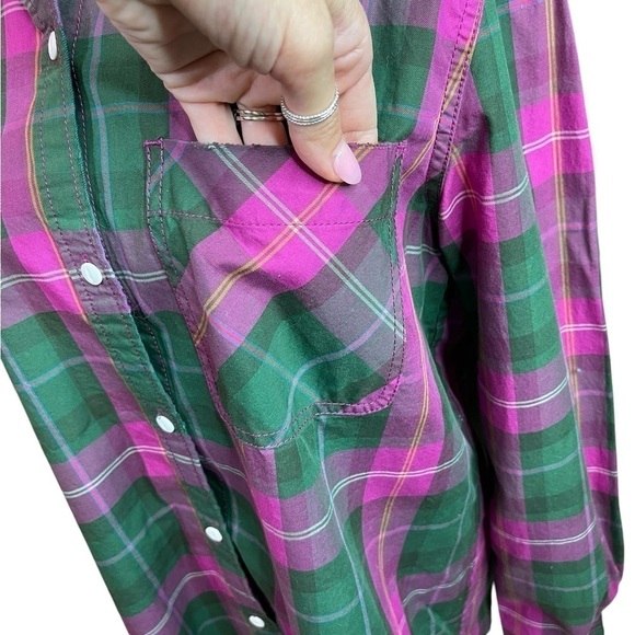 Current Elliott The Ivie Plaid Shirt pink & green Button down size 3 - Picture 9 of 17